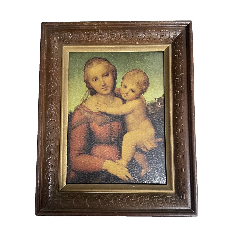 Vintage Framed Madonna‎ & Child Print Italian Renaissance Artist Raphael 12 x15
